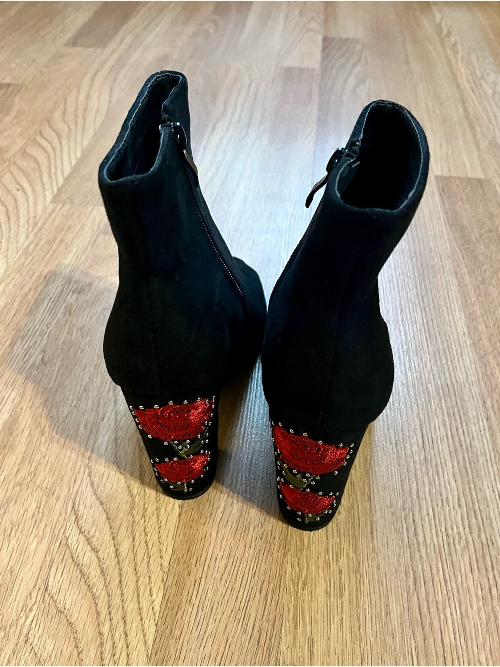 Black Suede Ankle Boots with Red Rose Embroidered Heel